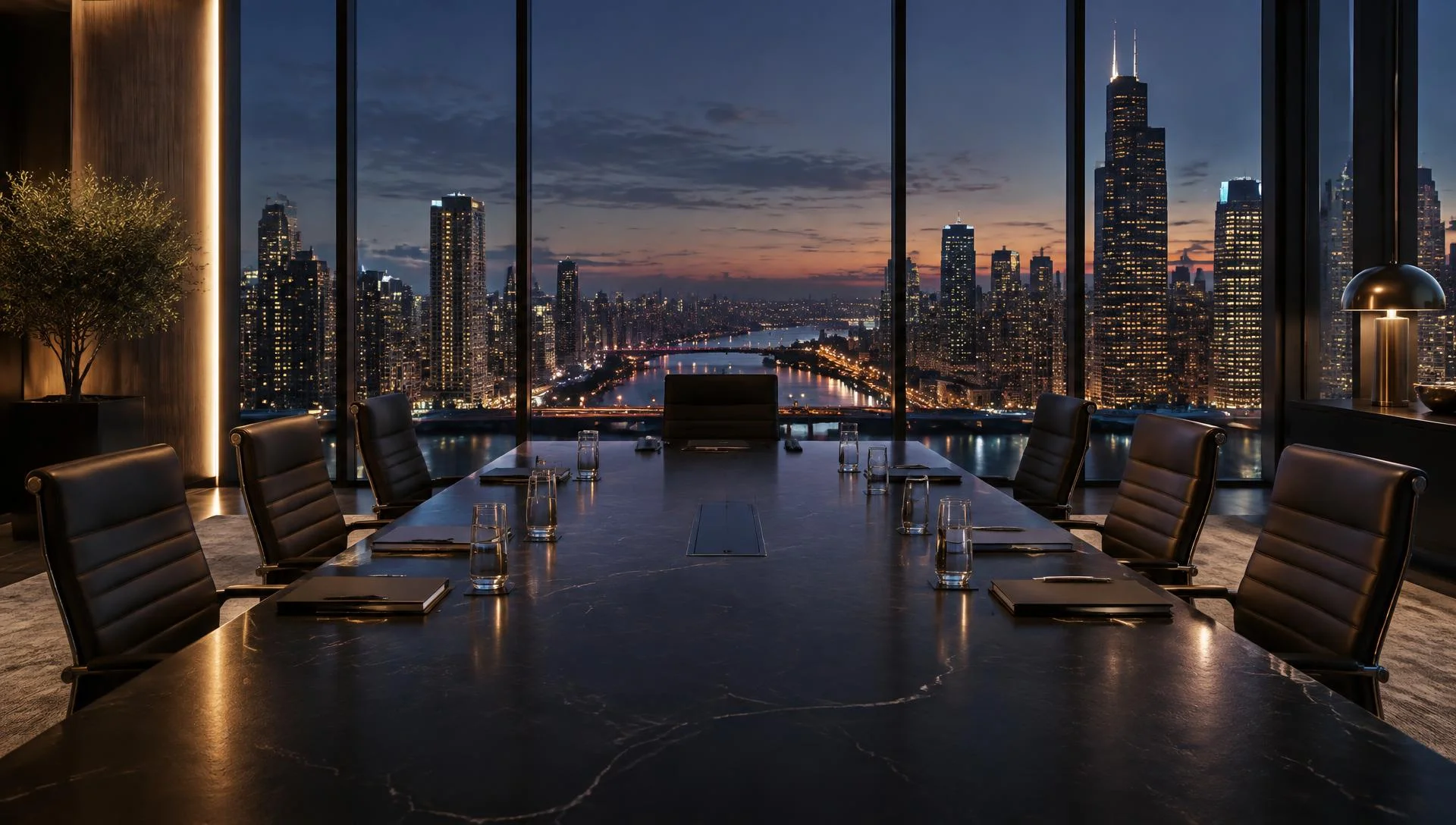 Executive boardroom overlooking the city skyline at dusk