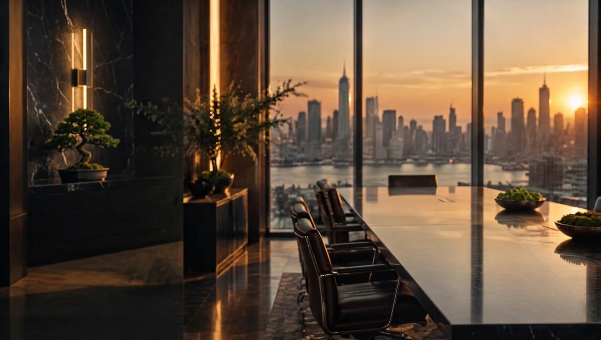 Executive boardroom overlooking the city at golden hour