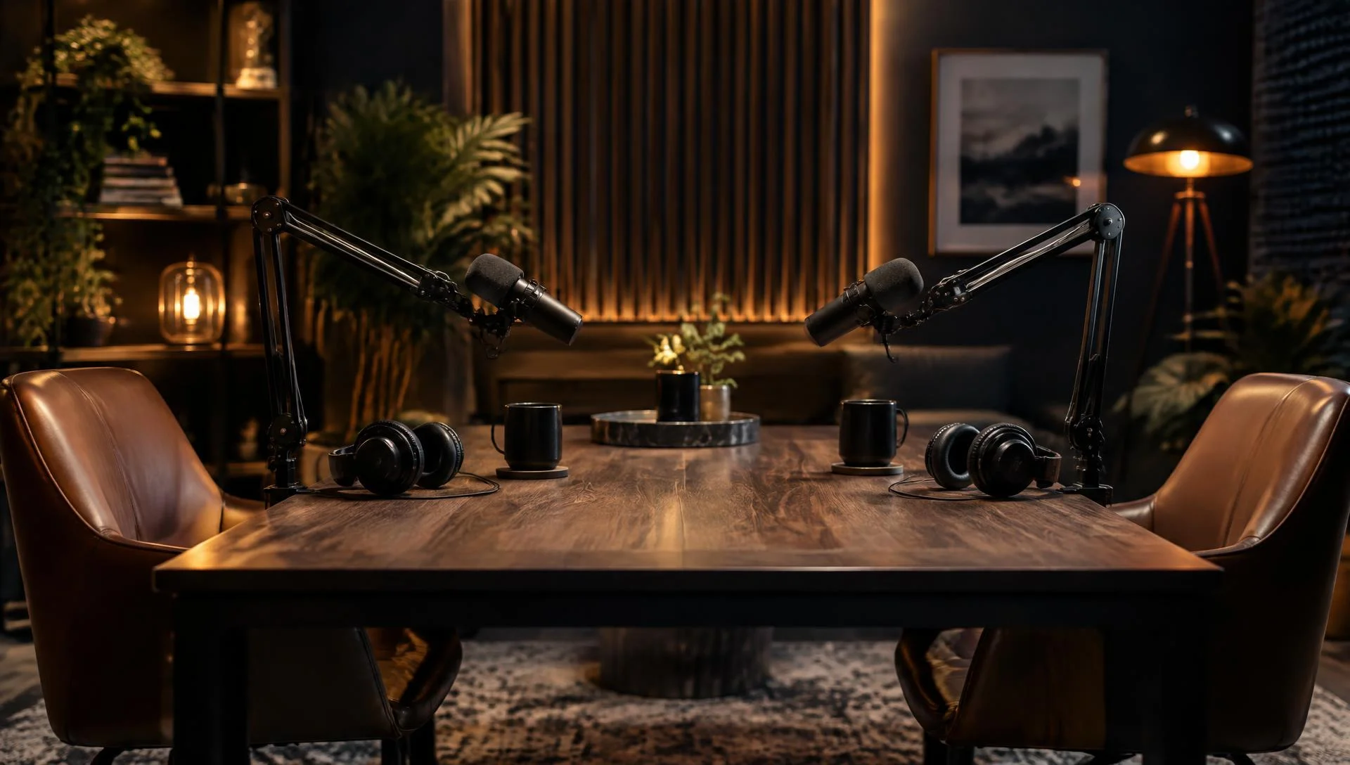Professional podcast studio with two microphones and warm lighting